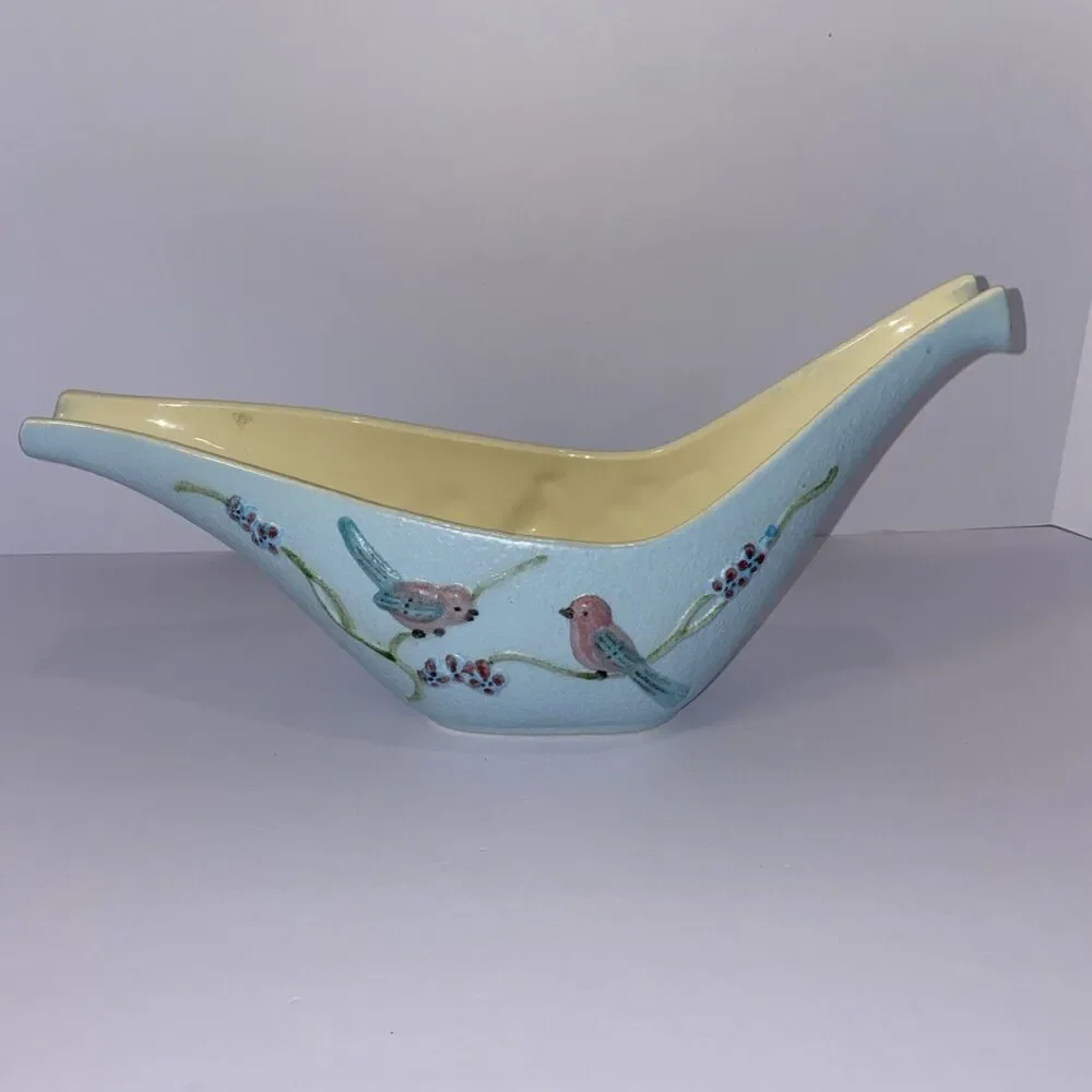 Vintage Hull Pottery S9 Long Vase '57 Hand-Painted Birds & Flowers –Blue Ceramic